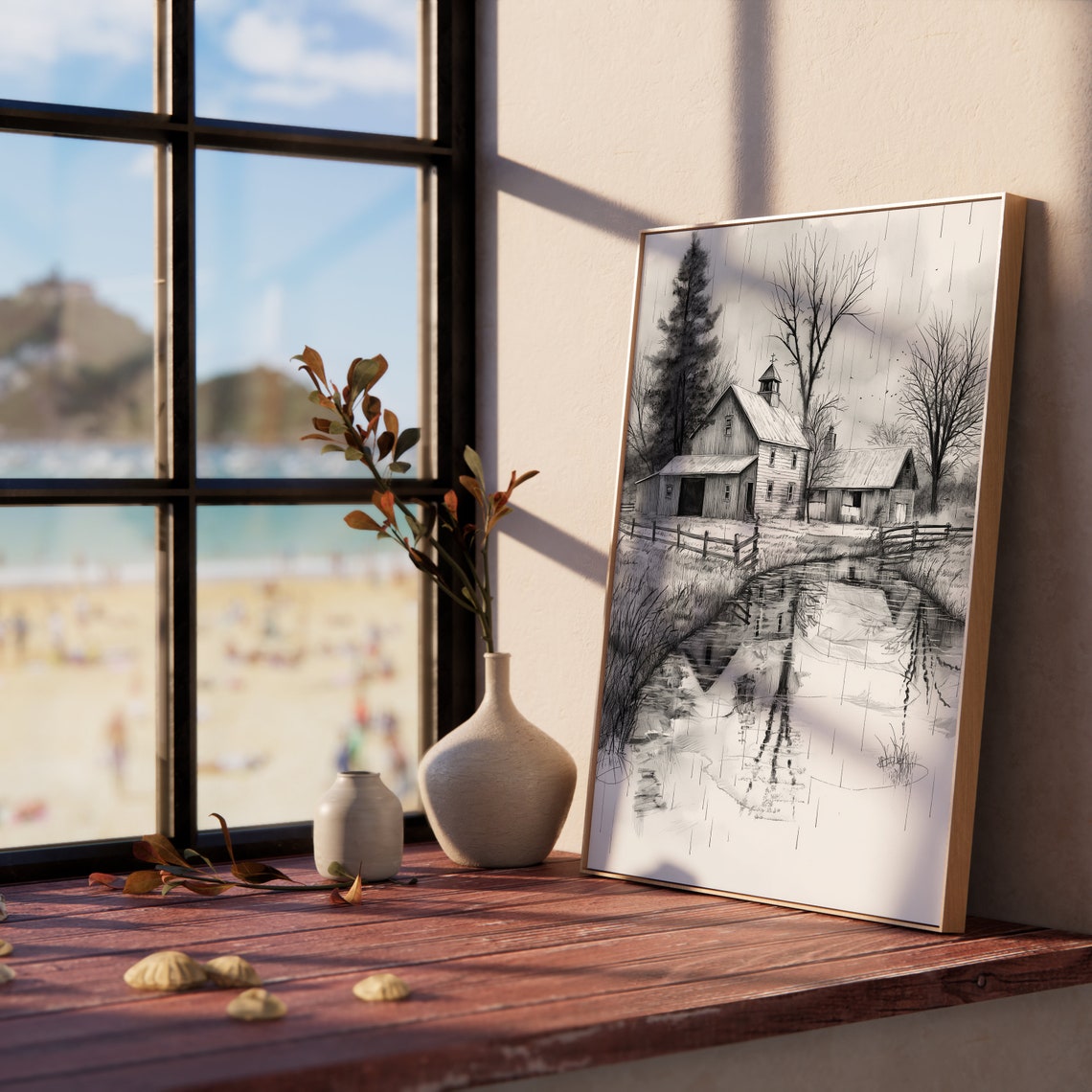 Rainy Day At Rural Farmstead Barn Sketch With Pond Poster Art - Image 5