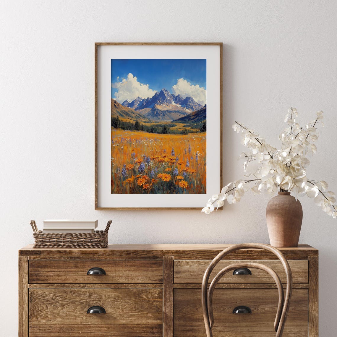 Alpine Wildflower Meadow Orange Blooms Snowy Peaks Blue Sky Poster - Image 5