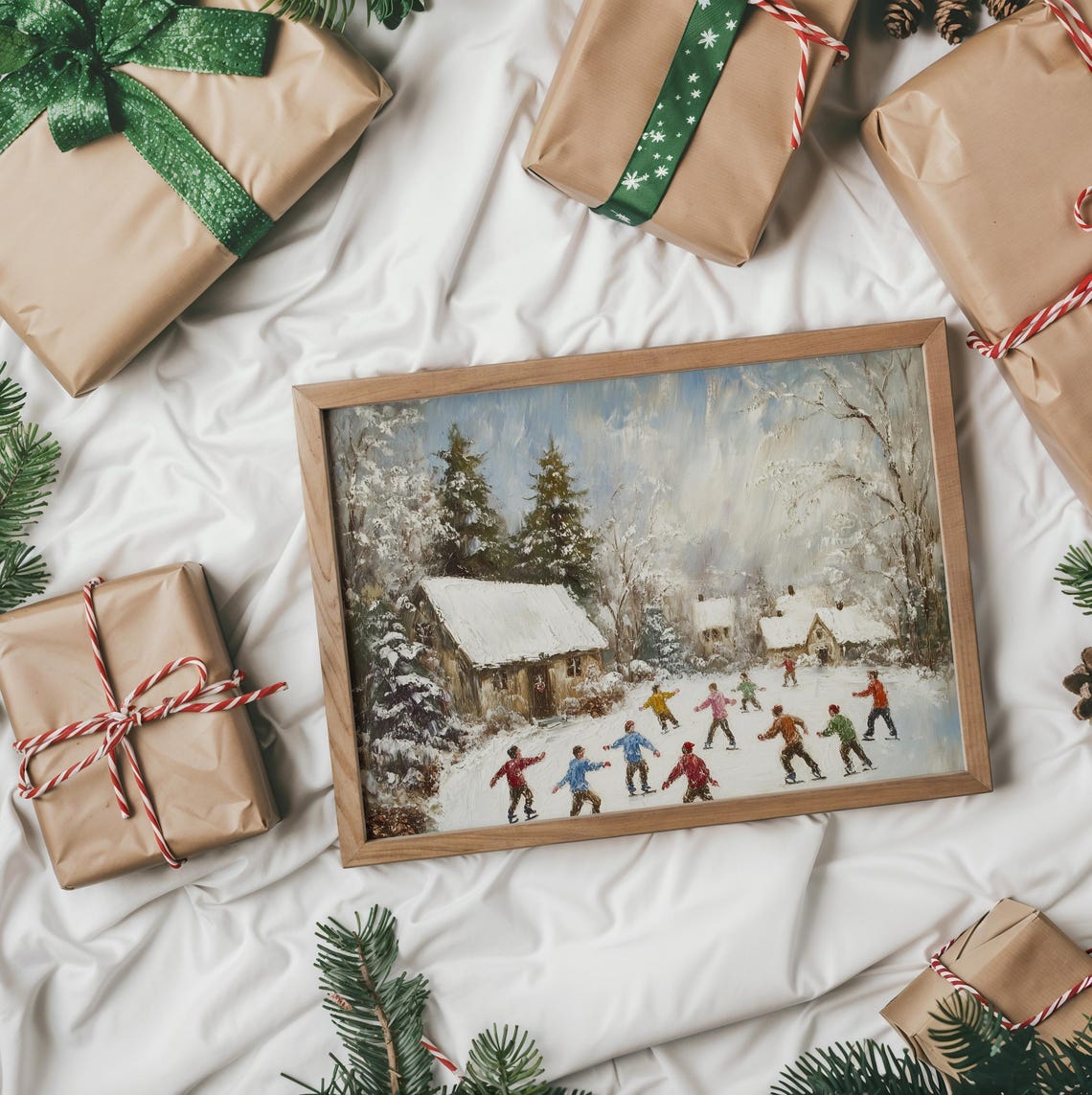 Children Ice Skating On Frozen Pond Near Snowy Cottages Poster - Image 2