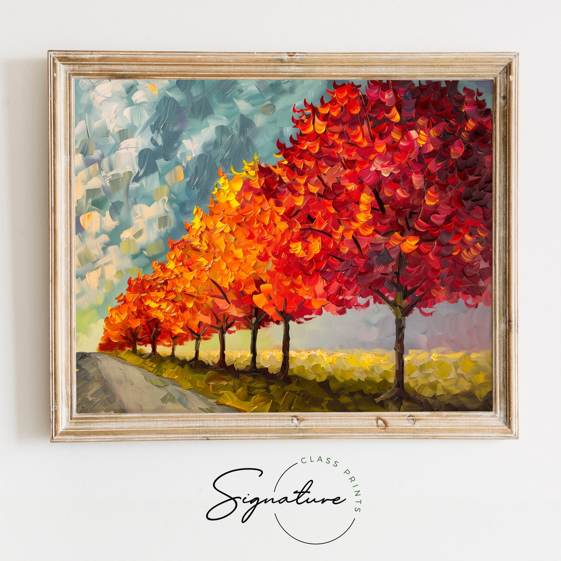 Blazing Autumn Maple Row Along Rural Road Impasto Fall Poster