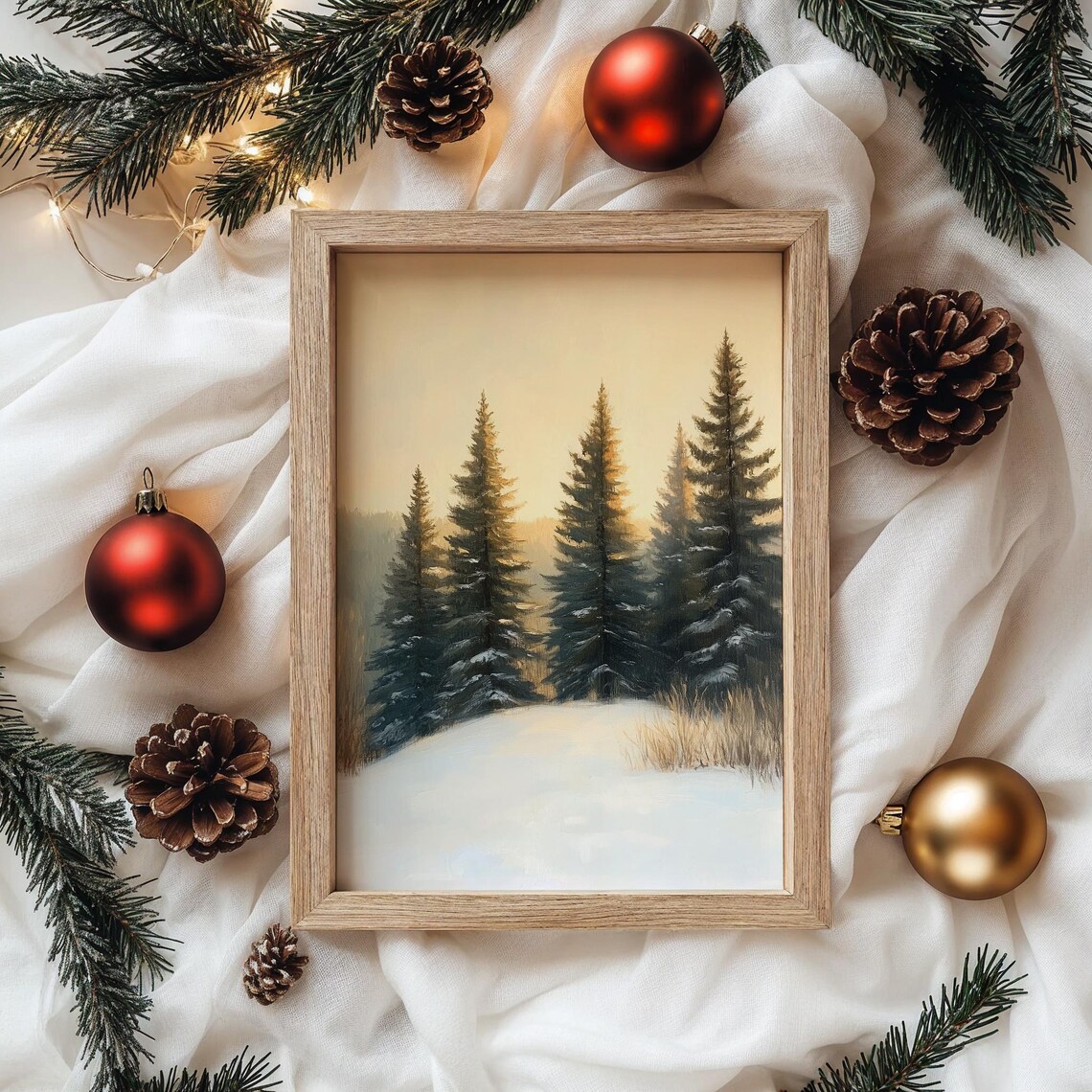 Tall Snowy Pines on Gentle Hill at Dawn Winter Landscape Poster - Image 4