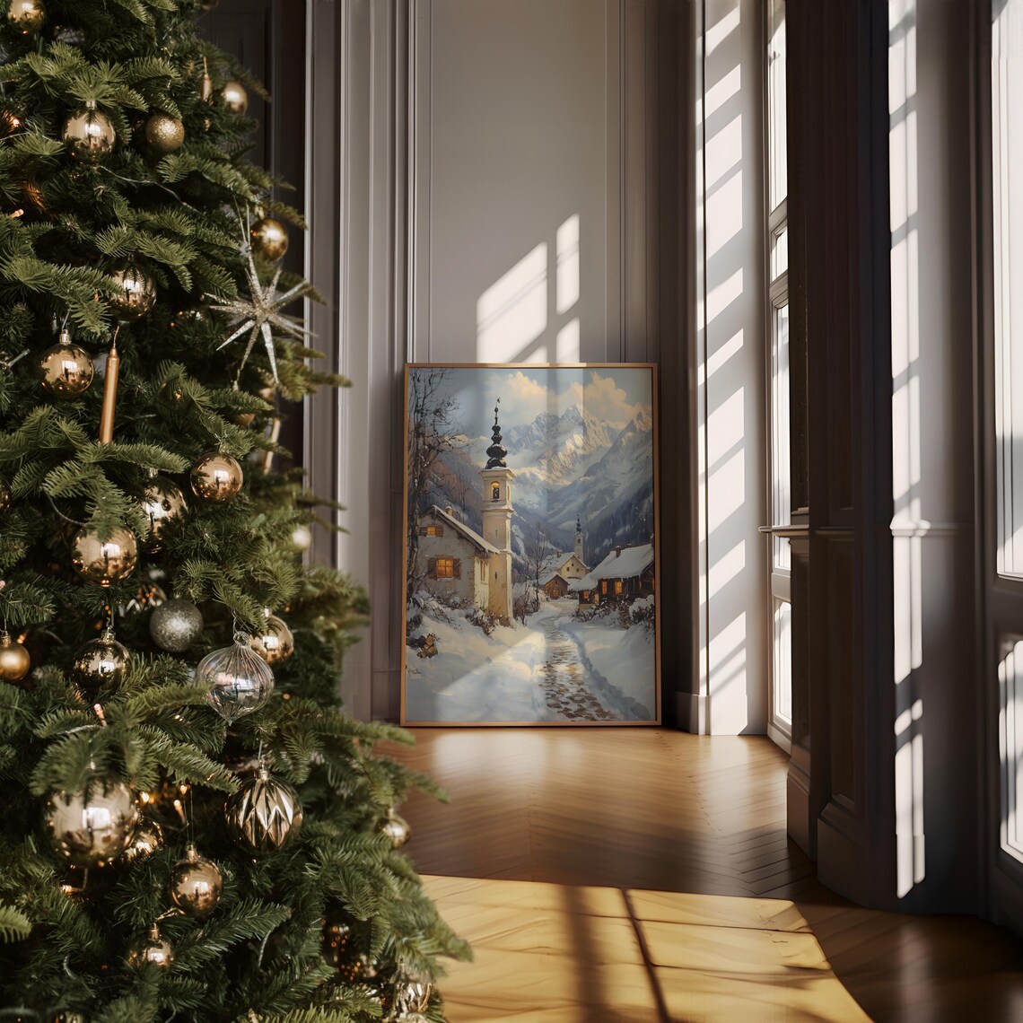 Alpine Village with Tall Church Bell Tower in Snow Winter Poster - Image 2