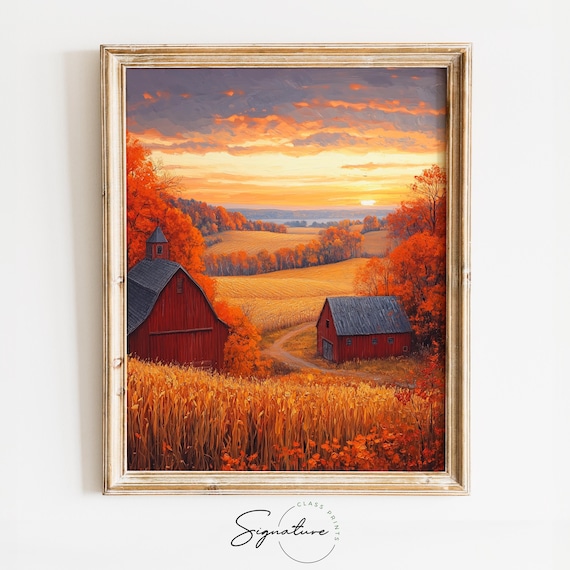 Two Red Barns in Golden Fields Under Blazing Autumn Sunset Sky Wall Art