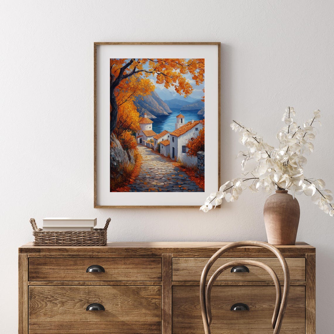Mediterranean Seaside Village Autumn Trees Coastal Bay View Poster - Image 5