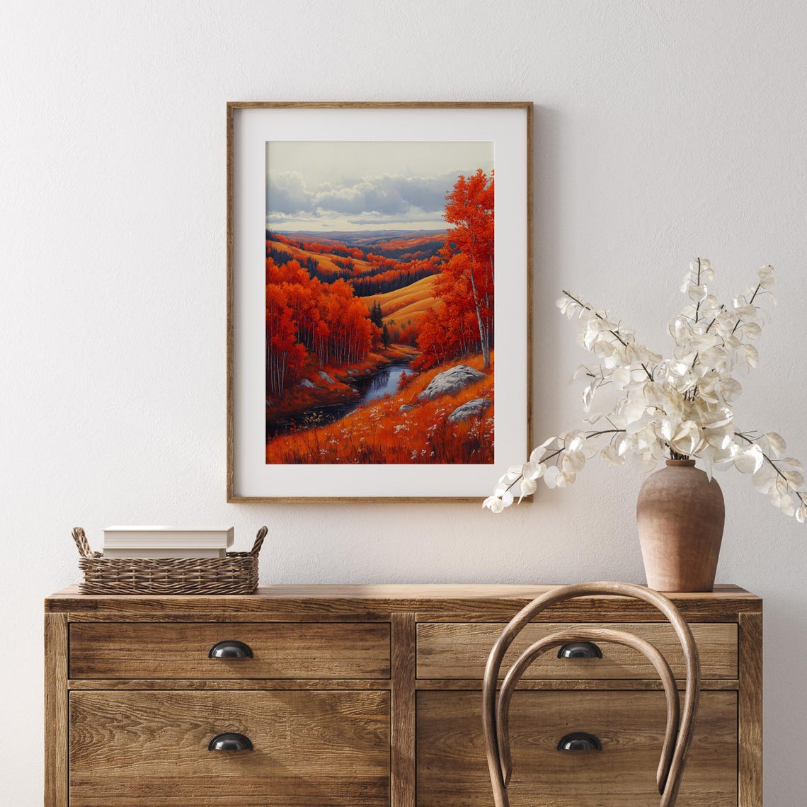 Red Autumn Hills With River Valley Vibrant Fall Landscape Poster - Image 5