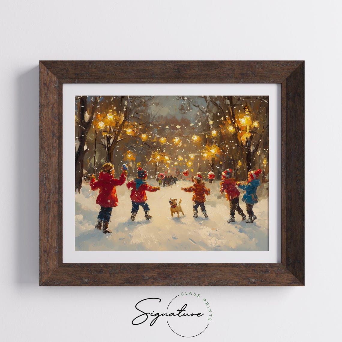 Children and Dog Playing in Snow Under Warm String Lights Poster - Image 5