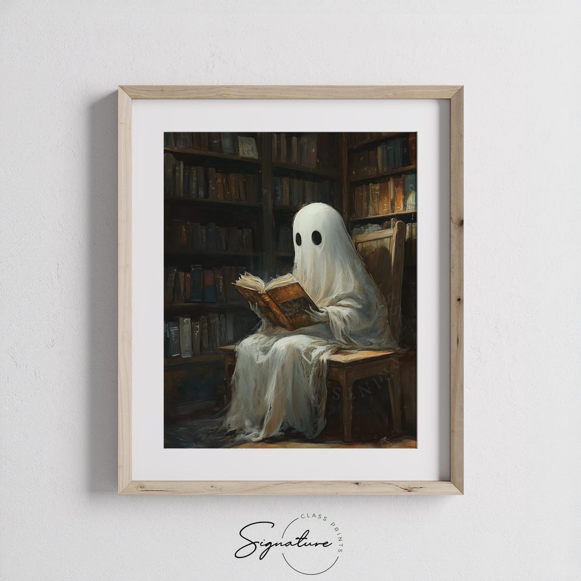 Cute Ghost Reading In Library Painting Whimsical Halloween Art Vintage Book Decor Cozy Haunted Library Wall Art 1174 - Image 3