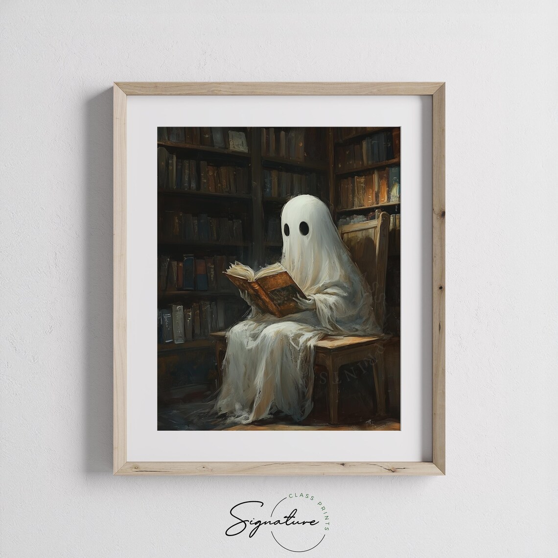 Cute Ghost Reading In Library Whimsical Halloween Book Decor Art Poster - Image 3