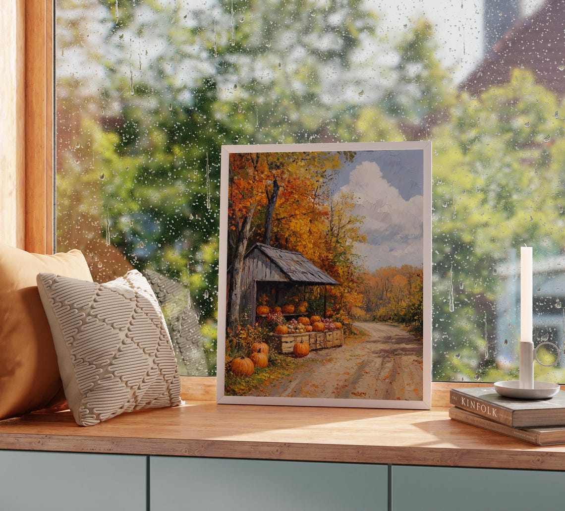 Charming Roadside Pumpkin Stand Under Autumn Maples Impasto Wall Art - Image 2