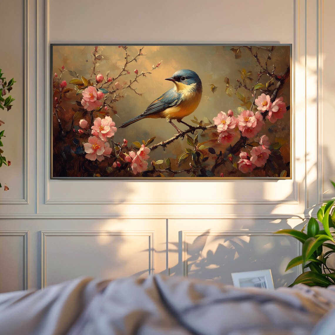 Finch Pink Azalea Blossoms Spring Bird Golden Tones Blossom Branch Poster - Image 4