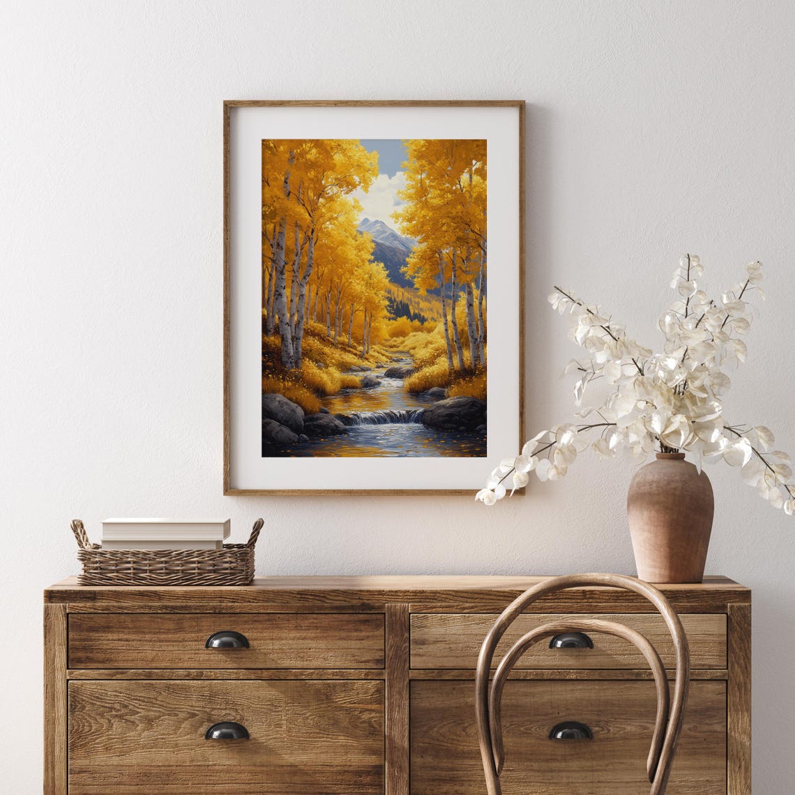 Golden Aspen Forest Mountain Stream Snowy Peak Landscape Print - Image 5