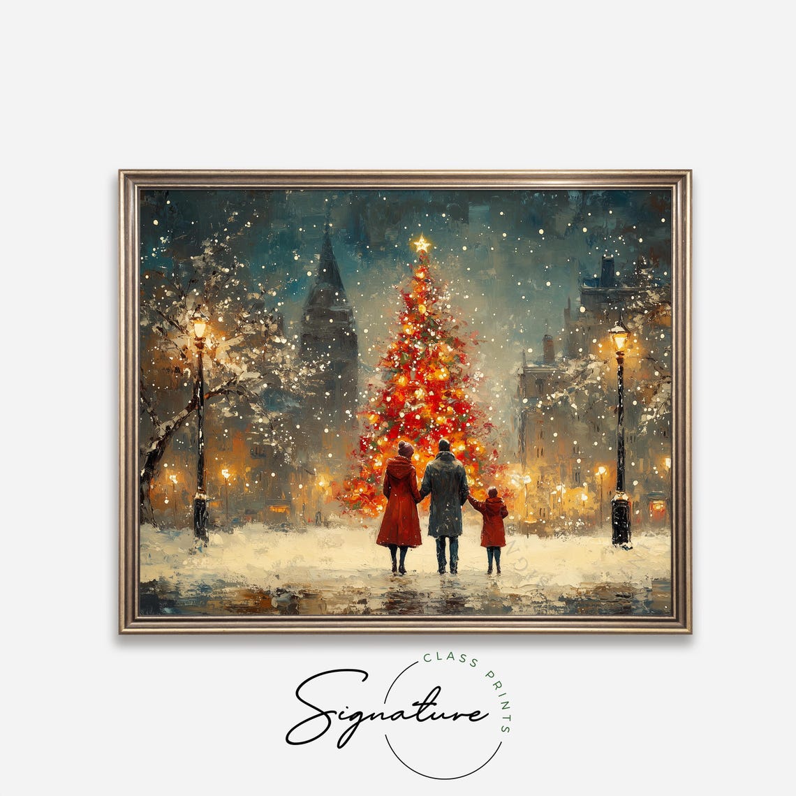 Family Walking Toward Lit Christmas Tree in Snowy Town Square Poster - Image 4