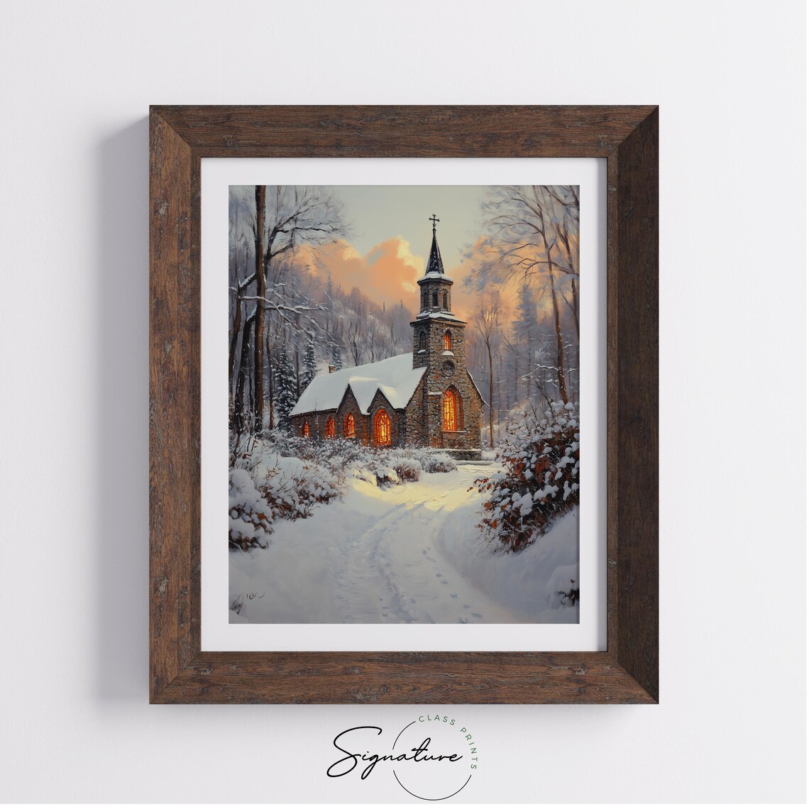 Historic Stone Church In Snow, Rustic Holiday Print - Image 3