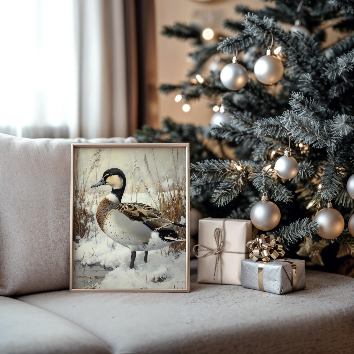 Duck Standing in Snowy Marsh Reeds Winter Wildlife Scene Art Poster - Image 5
