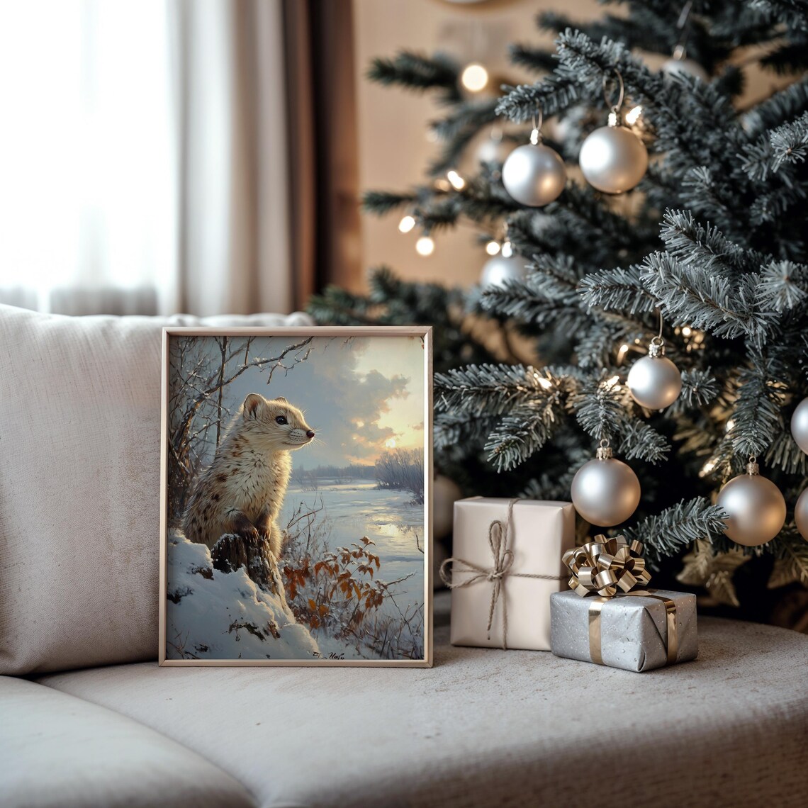 Ermine White Winter Weasel Sunset Frozen River Wildlife Painting Poster - Image 5