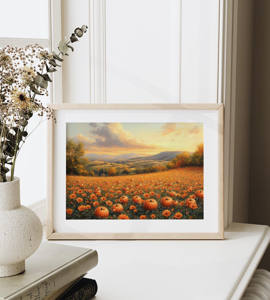 Pumpkin Patch Glowing at Sunset Over Rolling Autumn Hills Poster - Image 6