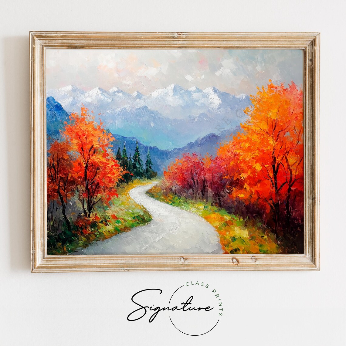Winding Autumn Road Painting Snowy Mountain Peaks Fall Foliage Poster