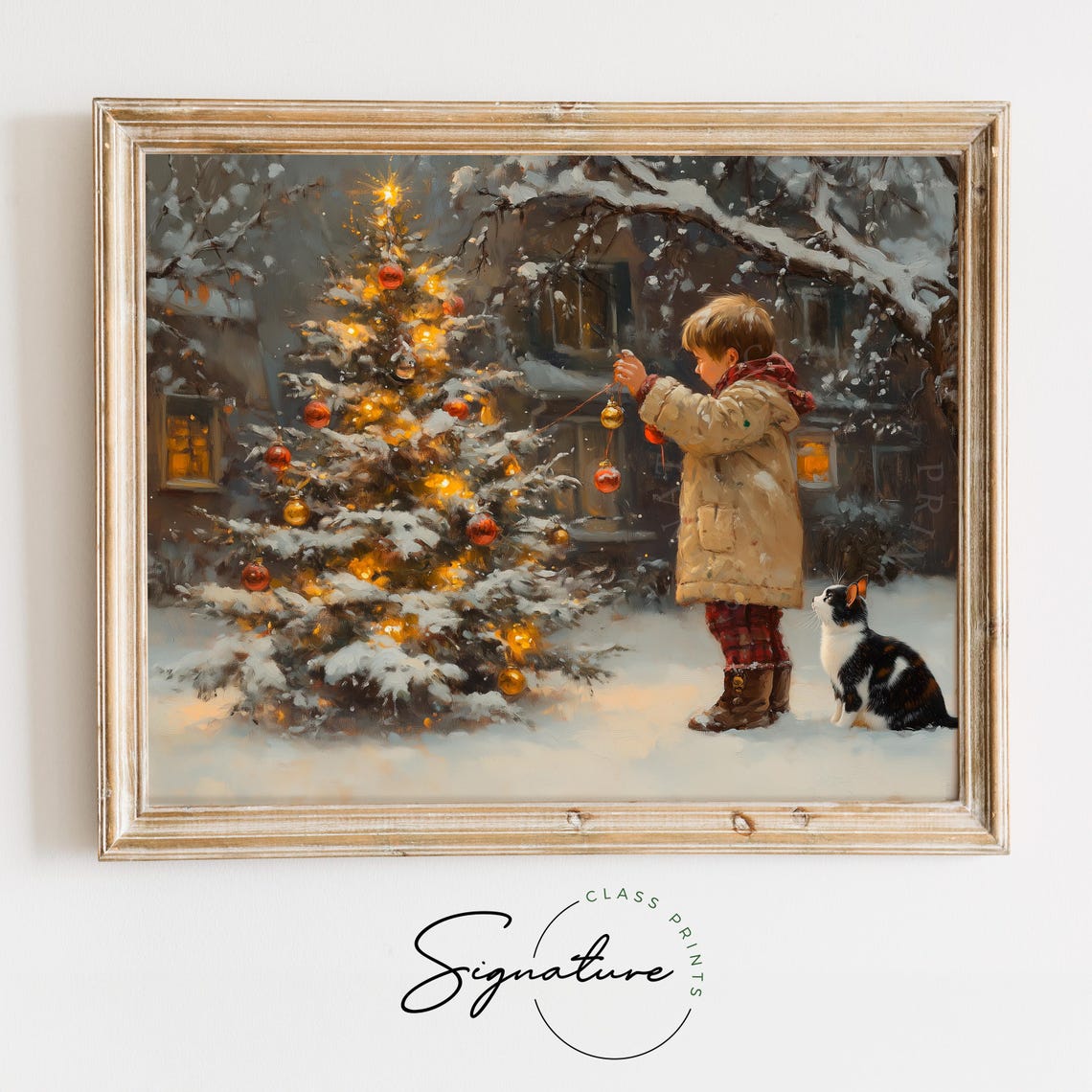 Boy Decorating Outdoor Snowy Christmas Tree with Calico Cat Poster