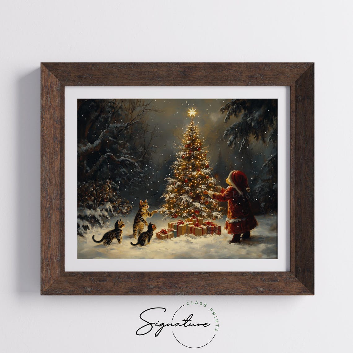 Child Decorating Outdoor Christmas Tree with Three Kittens Poster - Image 5