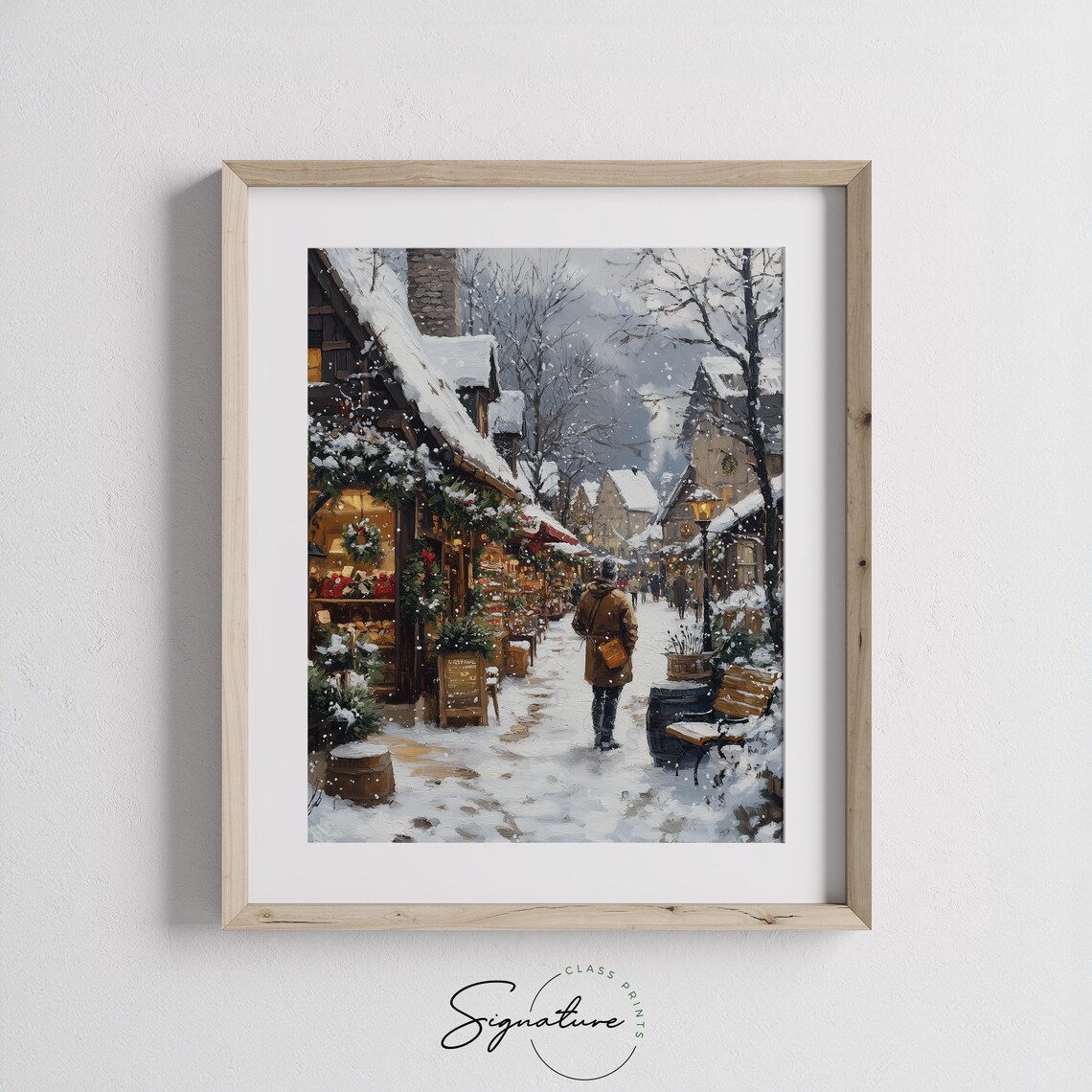 Snowy Christmas Shopping Street with Decorated Stores Holiday Poster - Image 2