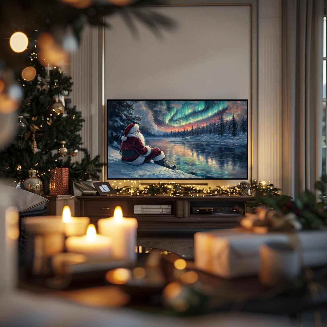 Santa Claus Watching Northern Lights Over Frozen Lake Christmas Poster - Image 6