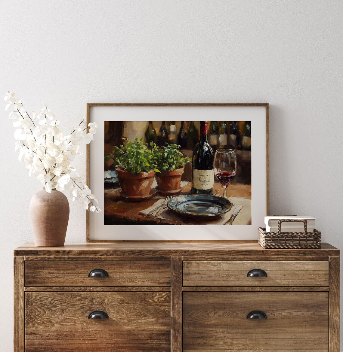 Rustic Wine Bottle And Herbs Table Vintage Italian Kitchen Painting Print - Image 3