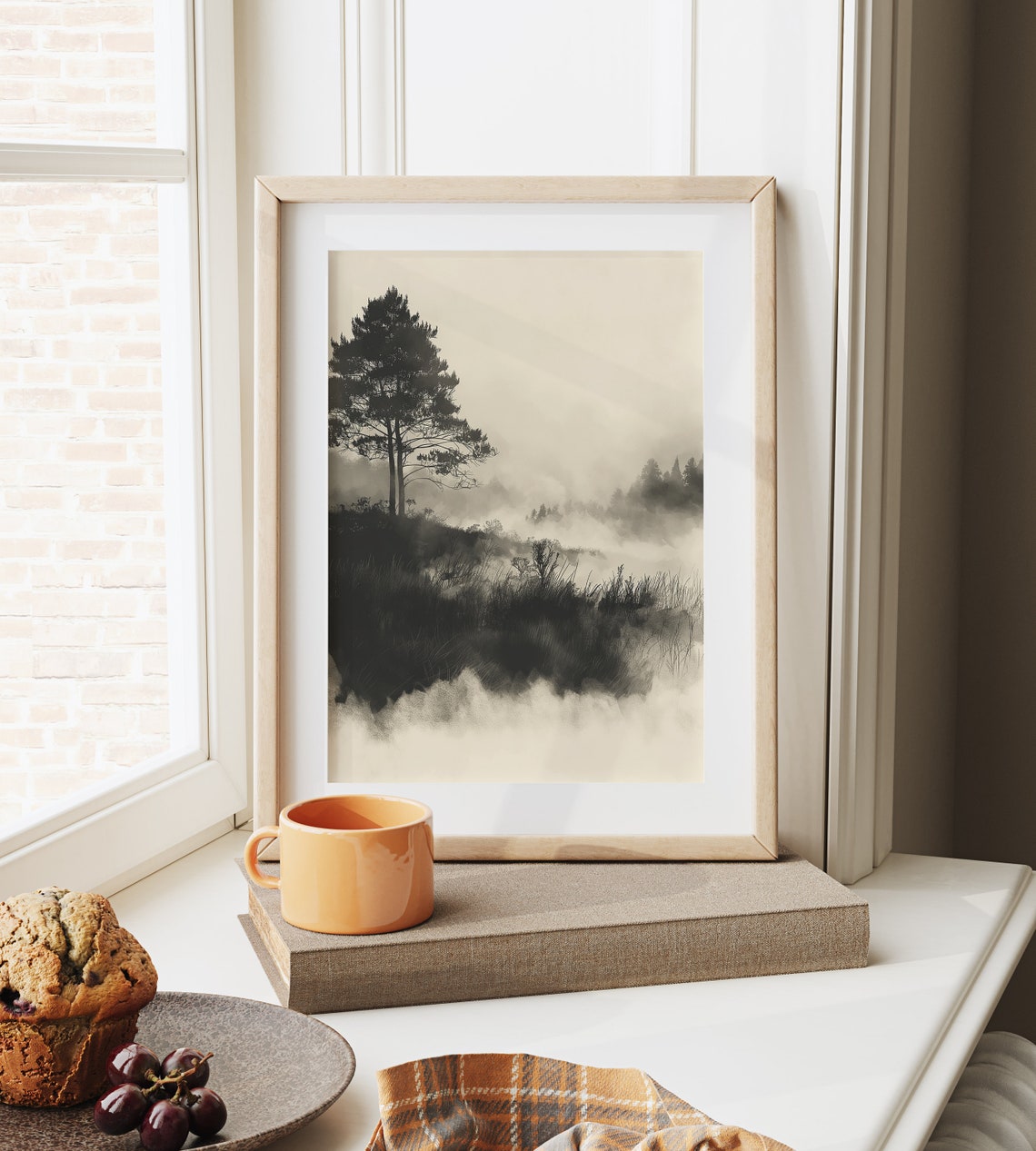 Lone Pine Tree In Morning Haze Misty Meadow Monochrome Poster - Image 6