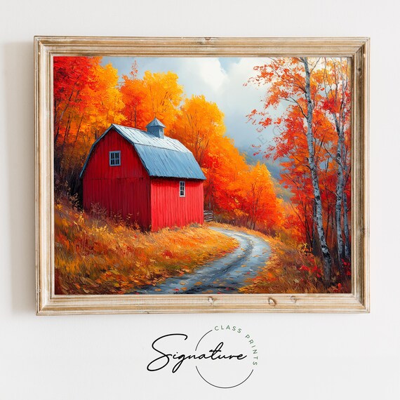 Red Barn Autumn Birches Fall Foliage Rustic Farm Lane Wall Art