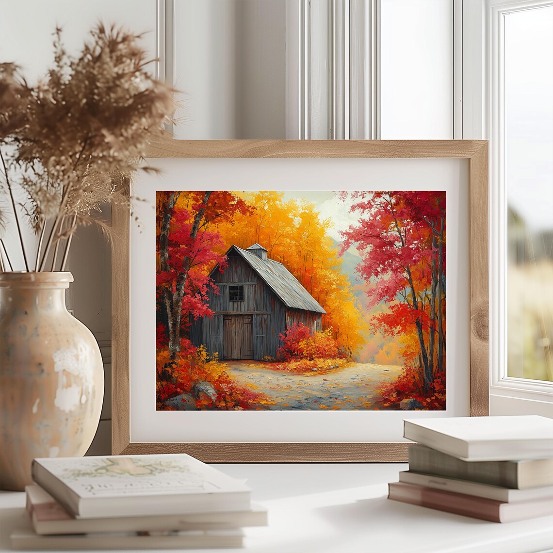 Gray Wooden Barn Hidden Among Crimson and Gold Autumn Maples Wall Art - Image 2