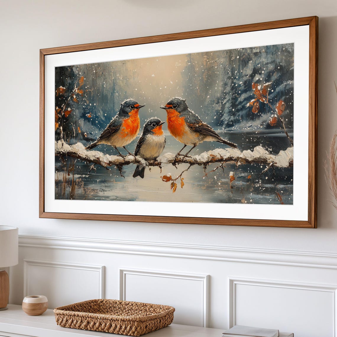 Robin Trio On Snowy Branch Over Winter Water Falling Snow Art Poster - Image 2