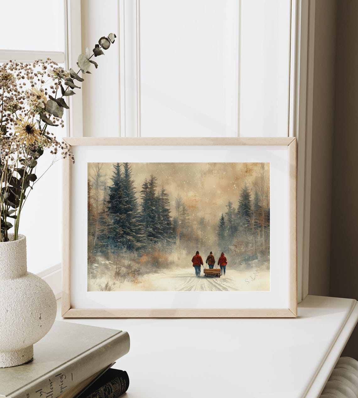Friends Pulling A Sled Through A Snowy Vintage Forest Poster - Image 6