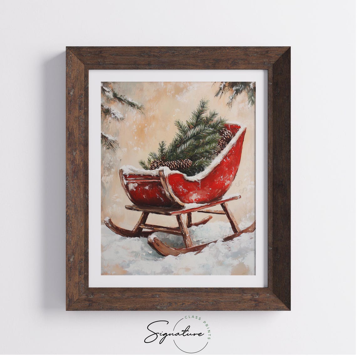 Red Vintage Sleigh Filled With Pine Branches and Pinecones Snow Poster - Image 3