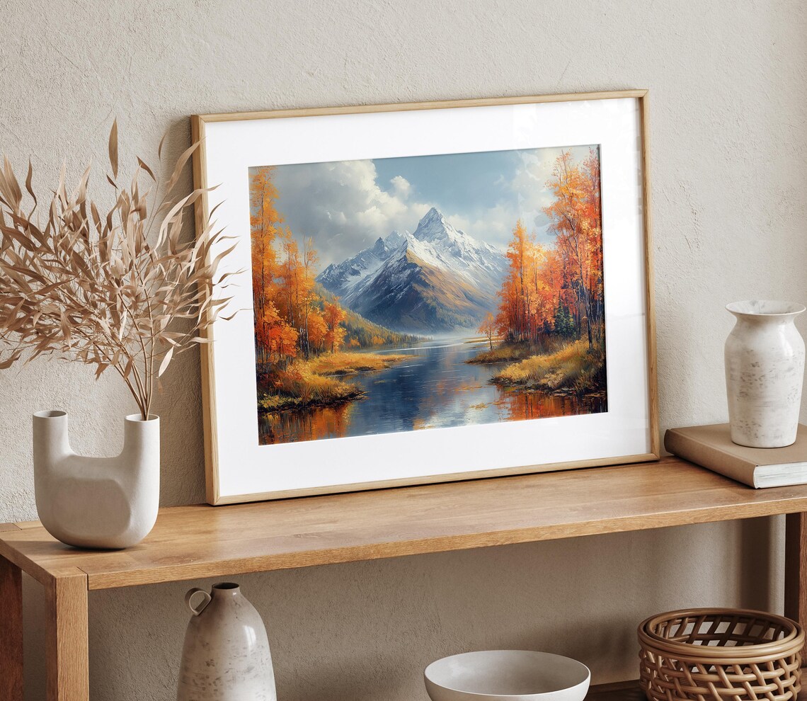 Snow Capped Mountain Reflected in Still Lake Framed by Autumn Birches Wall Art - Image 4