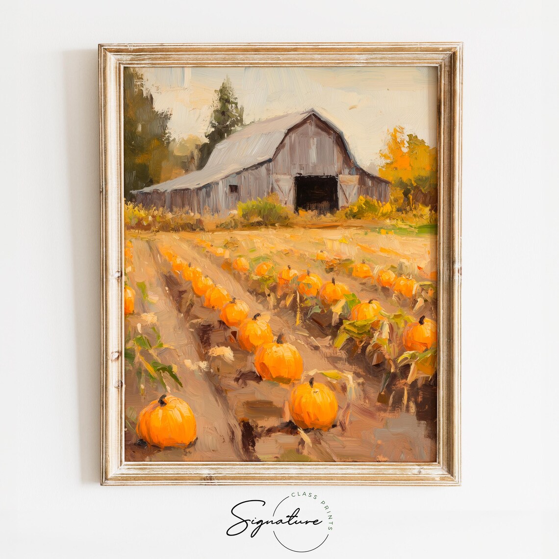 Pumpkin Patch Harvest Gray Barn Autumn Season Painting Print