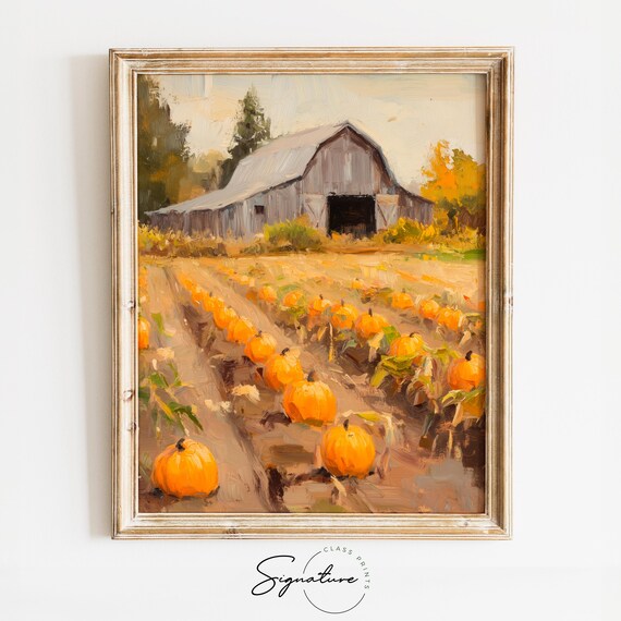 Pumpkin Patch Harvest Gray Barn Autumn Season Painting Print