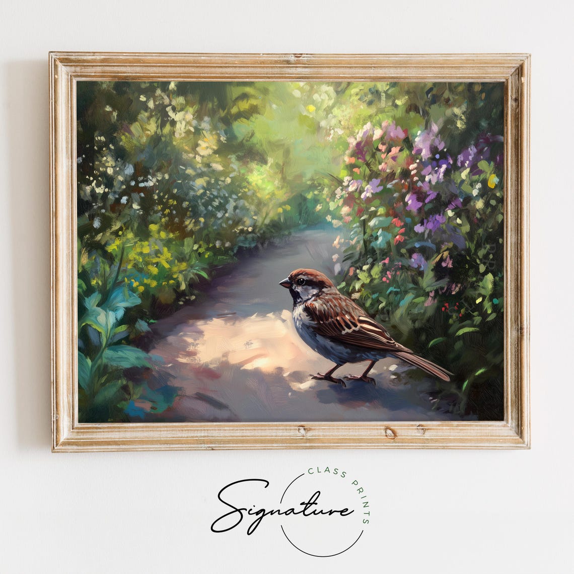 Sparrow Strolling Sunlit Garden Path Summer Wildflower Poster