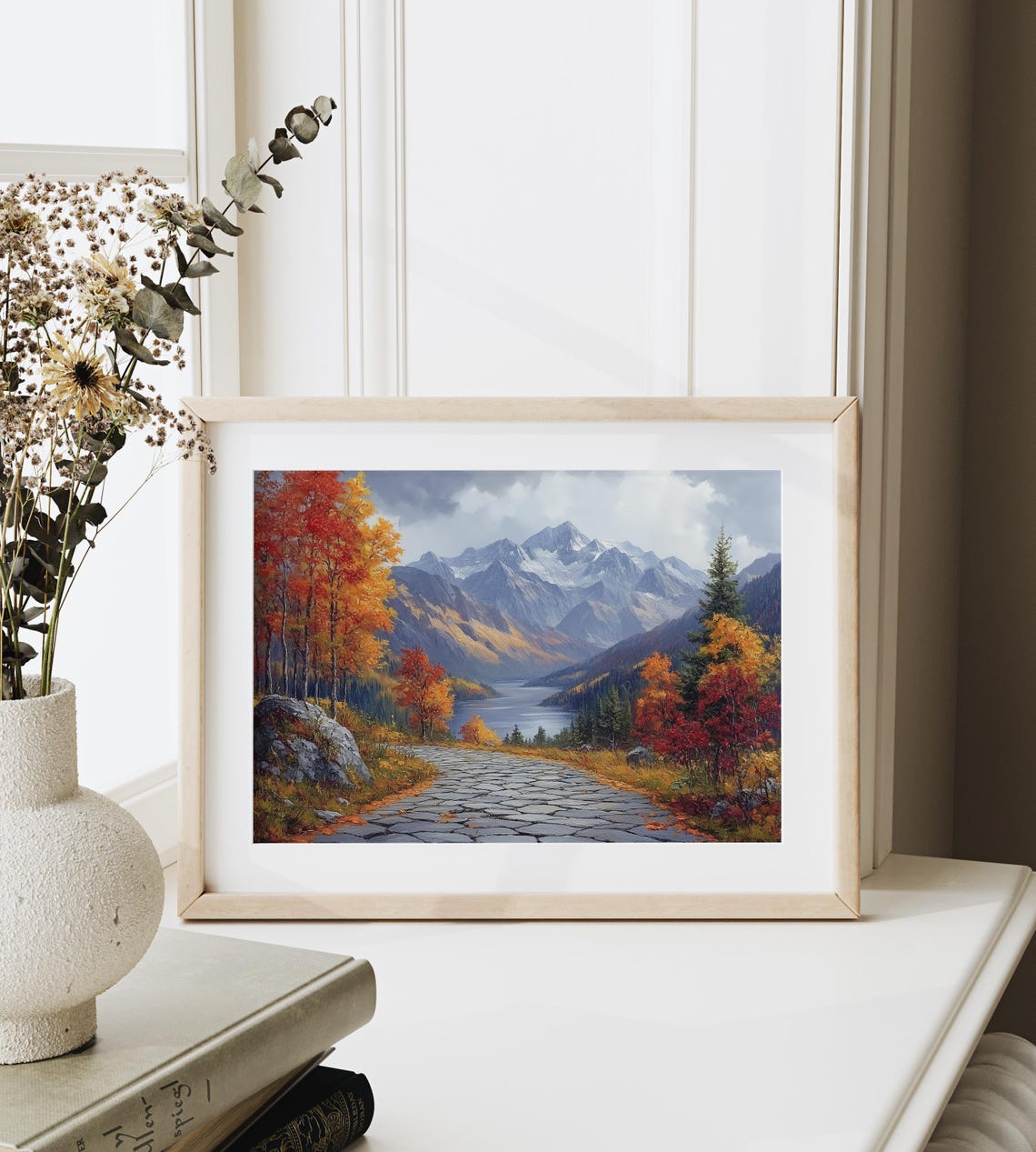 Autumn Cobblestone Lane Mountain Lake View Fall Scenic Wall Art - Image 6