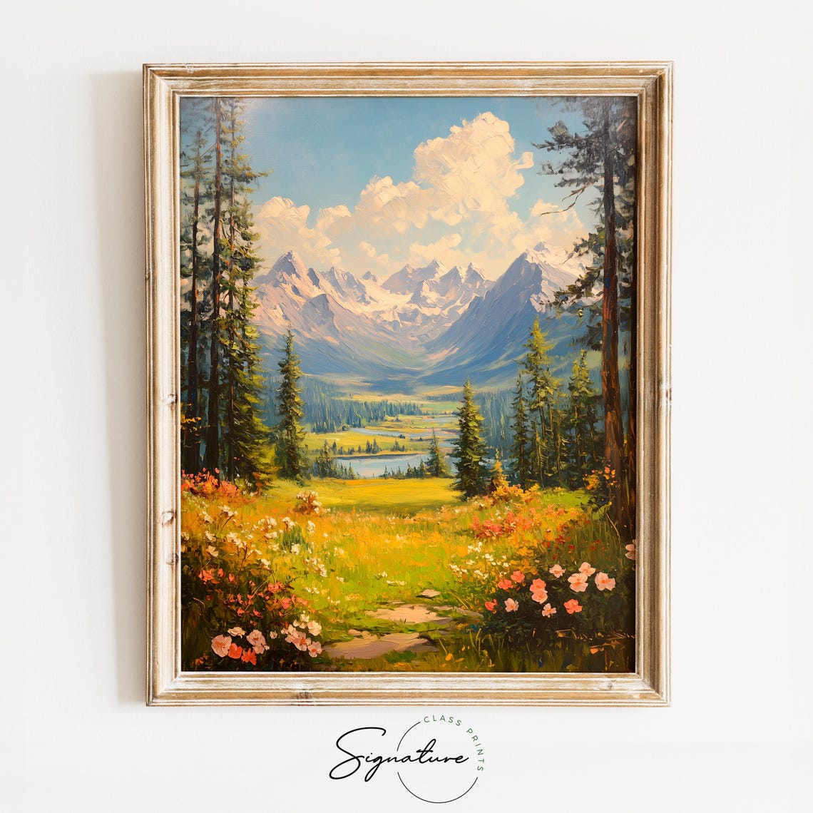 Tranquil Valley Wildflowers With Pines Lake And Mountain Peaks Poster