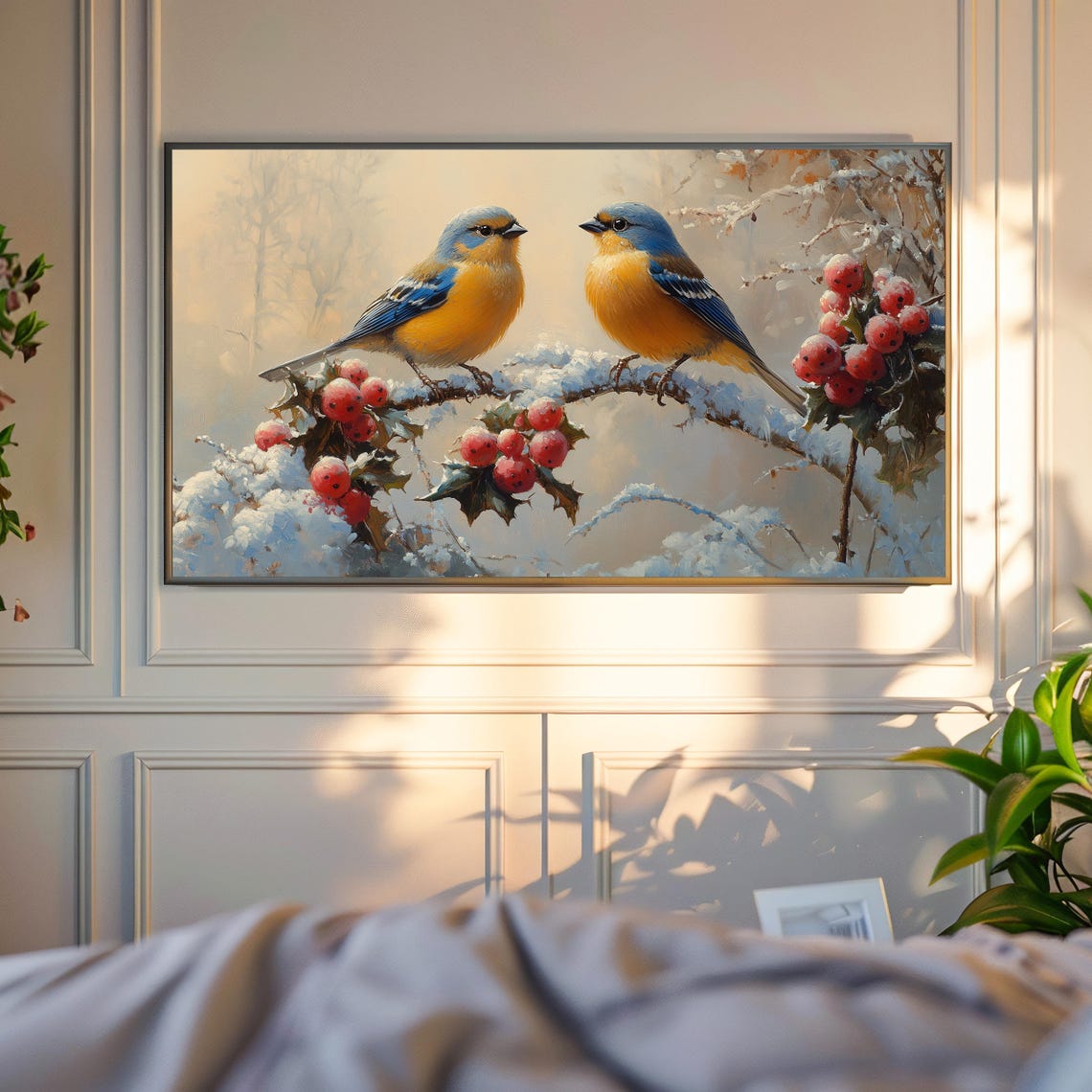 Two Winter Songbirds On Snowy Red Berry Branch Winter Art Poster - Image 4
