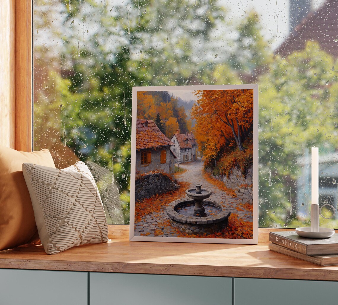 Autumn Village Fountain Old Town Cobblestone Street Orange Trees Poster - Image 2