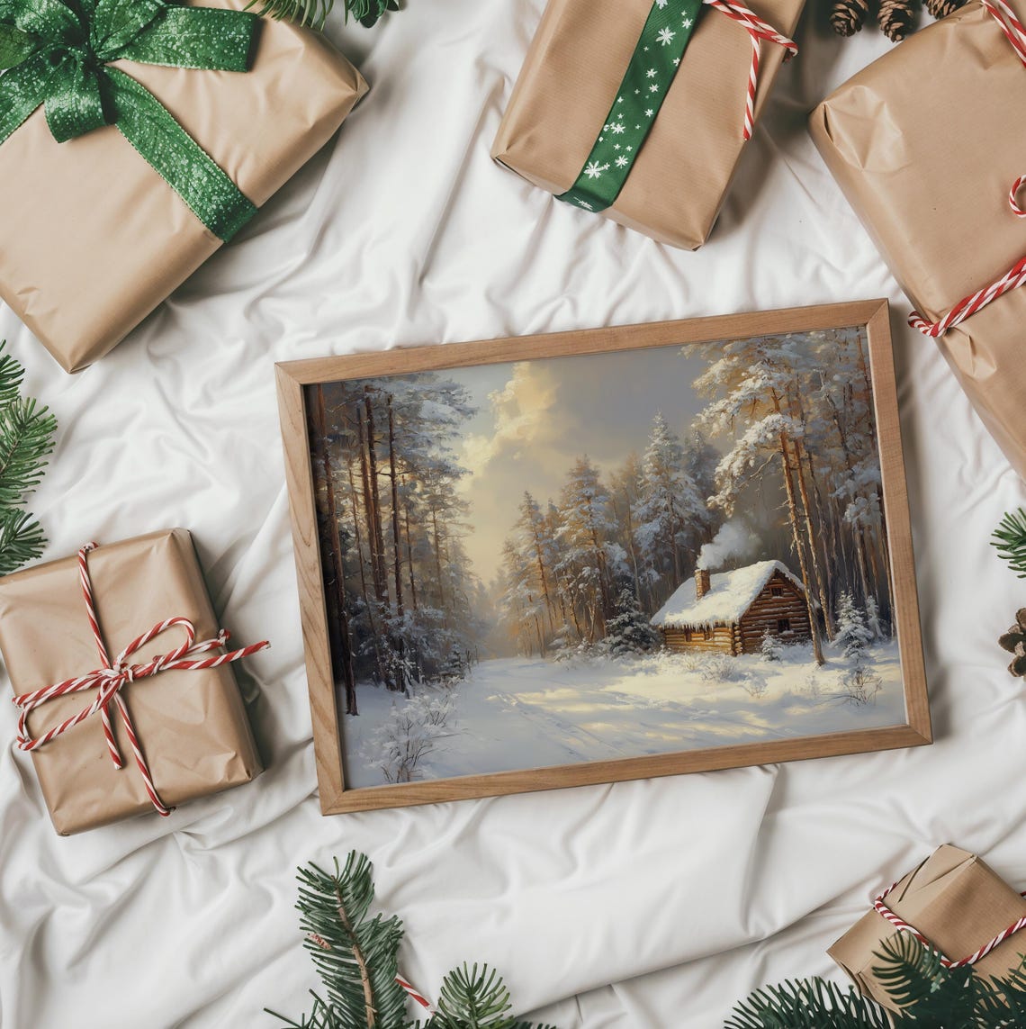 Snowy Log Cabin Deep Winter Forest Sunrise Oil Painting Poster - Image 5