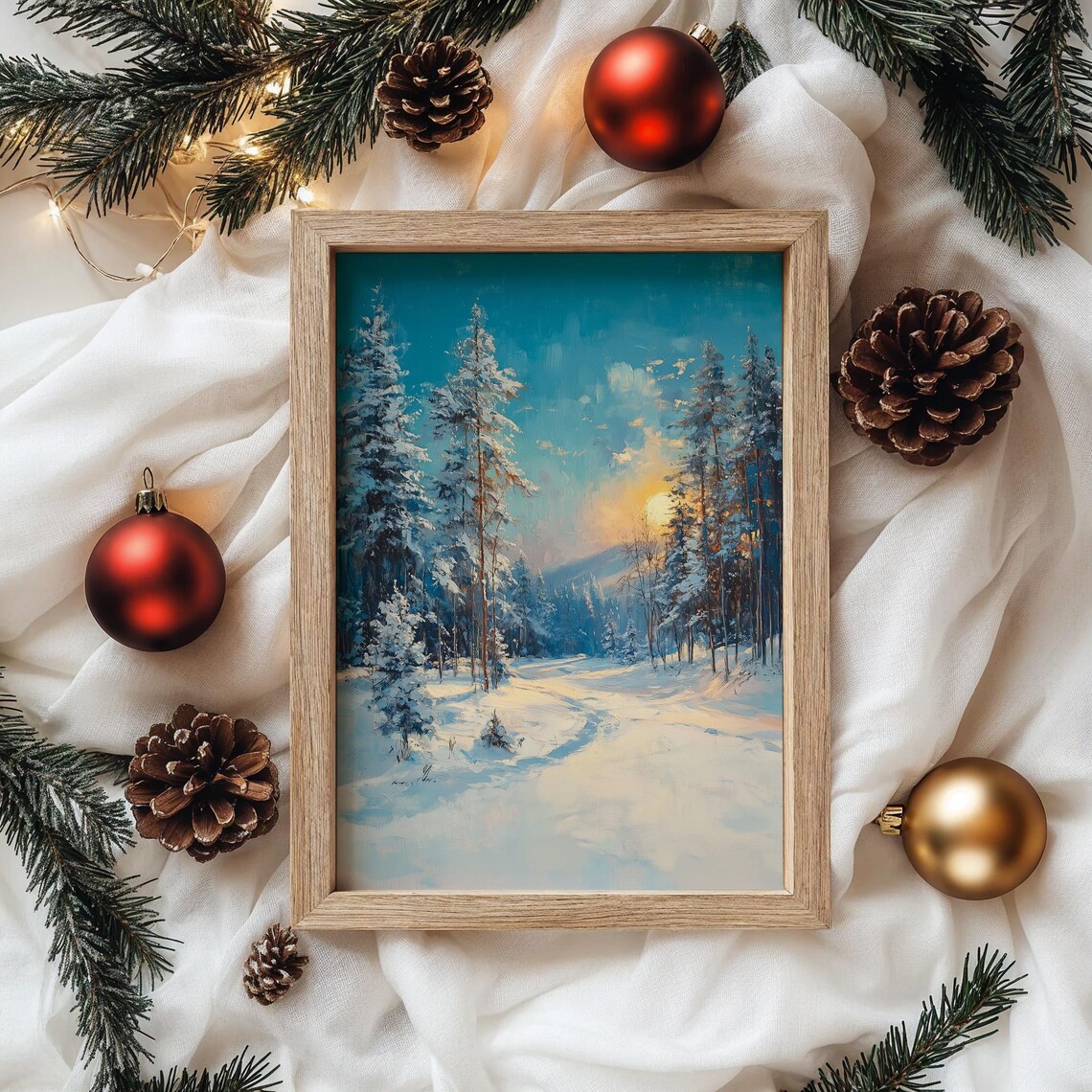 Snowy Pine Forest at Dusk Blue Winter Landscape Oil Painting Print - Image 4