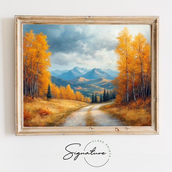 Golden Aspen Road Mountain Valley Oil Painting Autumn Poster