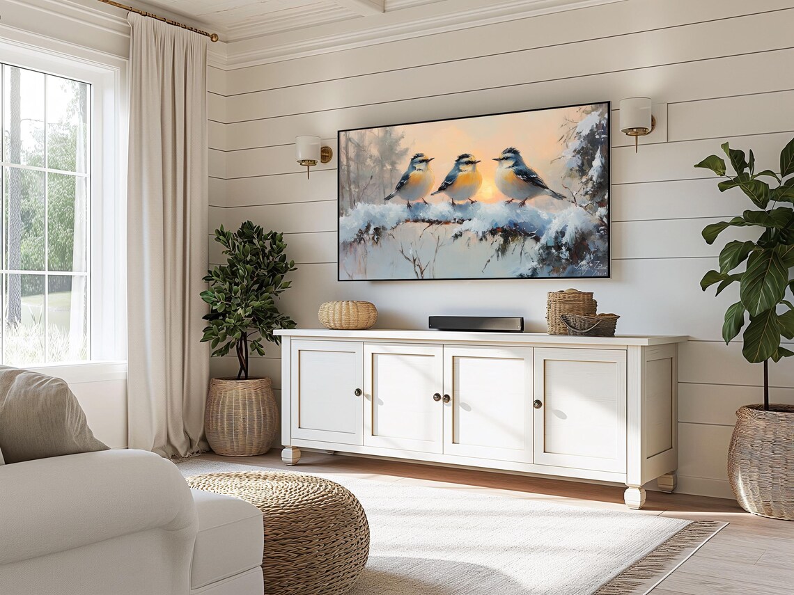 Goldcrest Trio Snowy Branch Winter Sunrise Golden Birds Soft Glow Poster - Image 3
