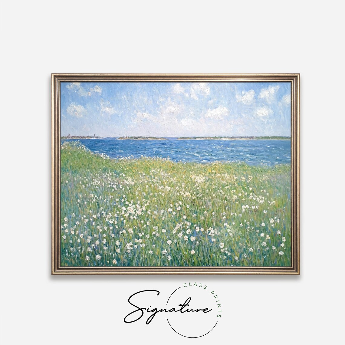 White Wildflowers By Coastal Water Blue Sea Summer Impressionist Poster - Image 4