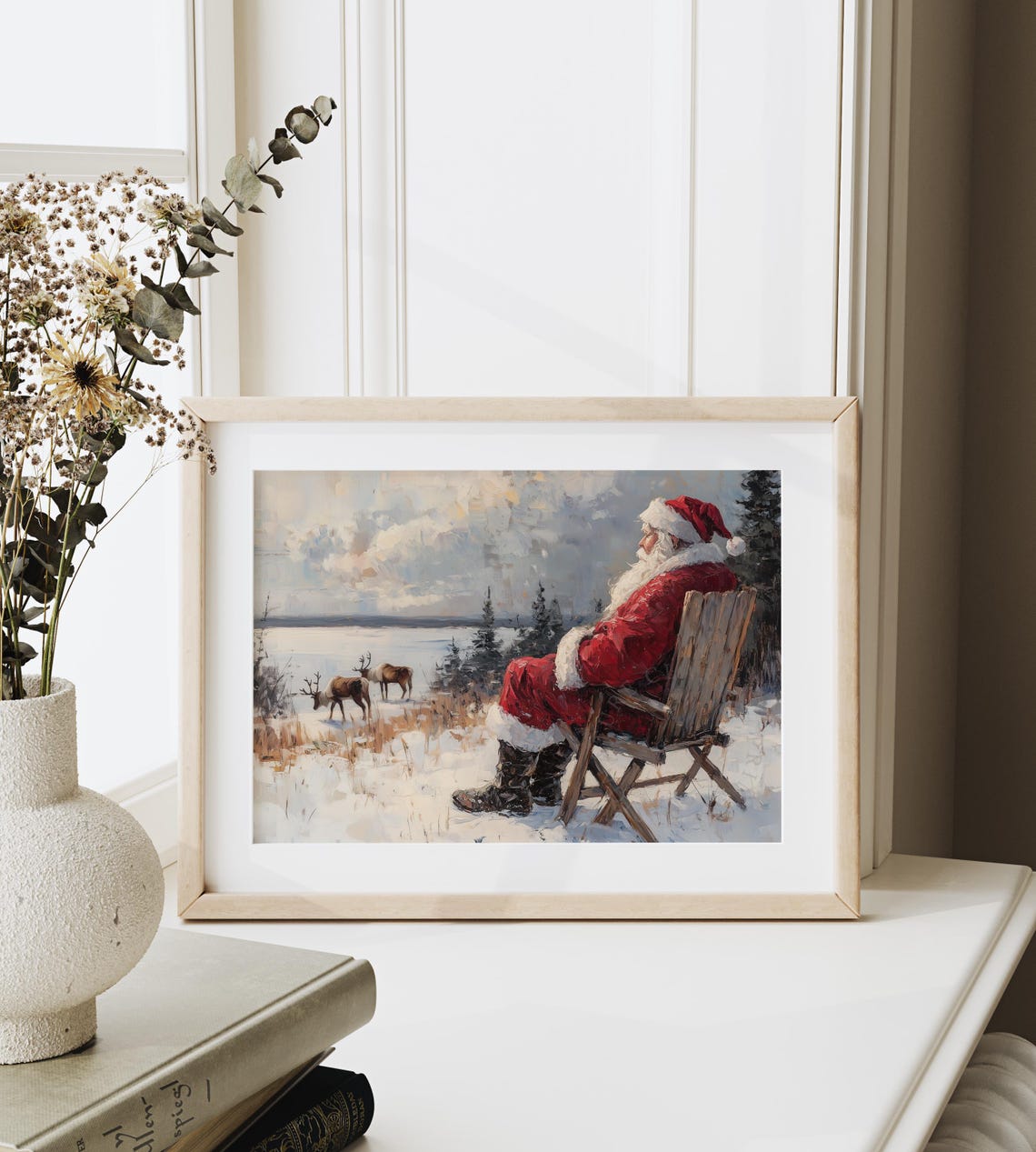 Santa Claus Resting In A Chair Watching Reindeer In Snow Poster - Image 6