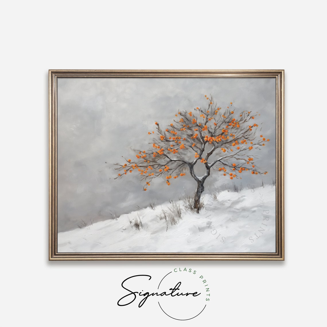 Lone Persimmon Tree With Orange Fruit Winter Snow Hillside Poster - Image 4