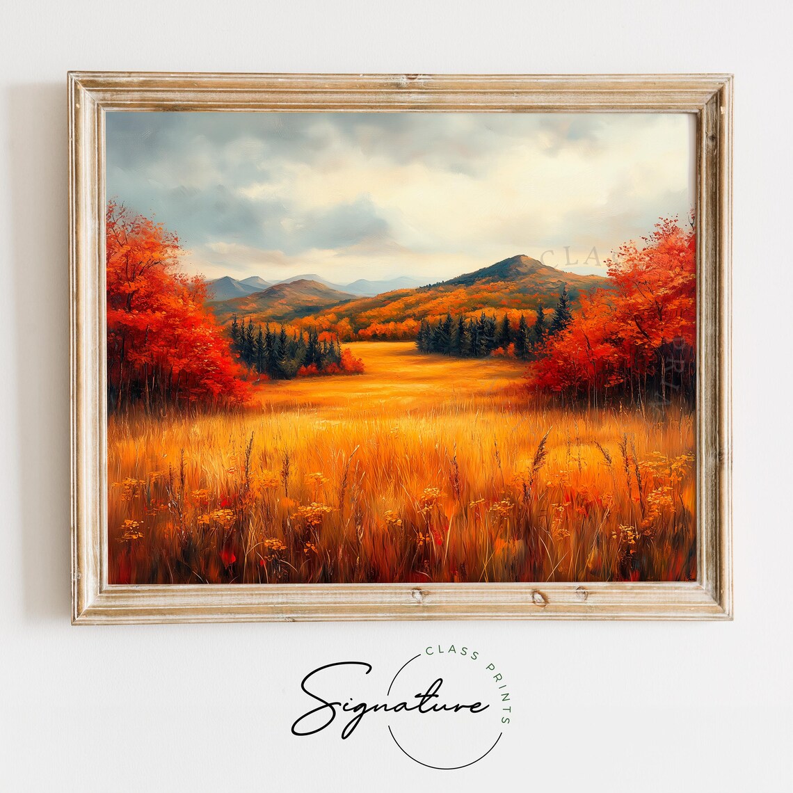 Golden Valley Meadow Framed by Autumn Forest and Mountains Poster