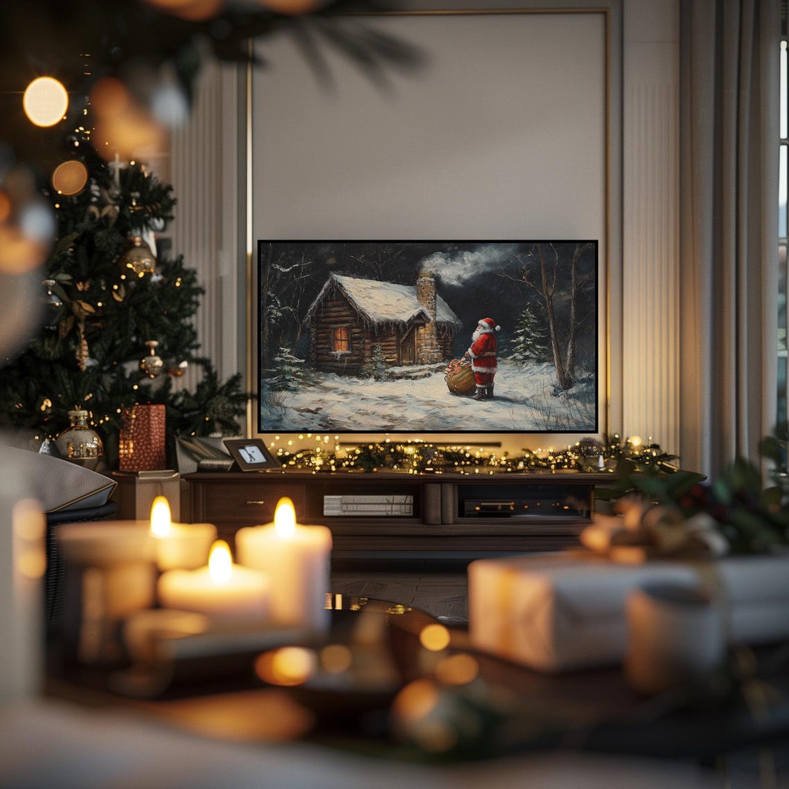 Santa Visiting Snowy Log Cabin Night Christmas Gift Sack Poster - Image 6
