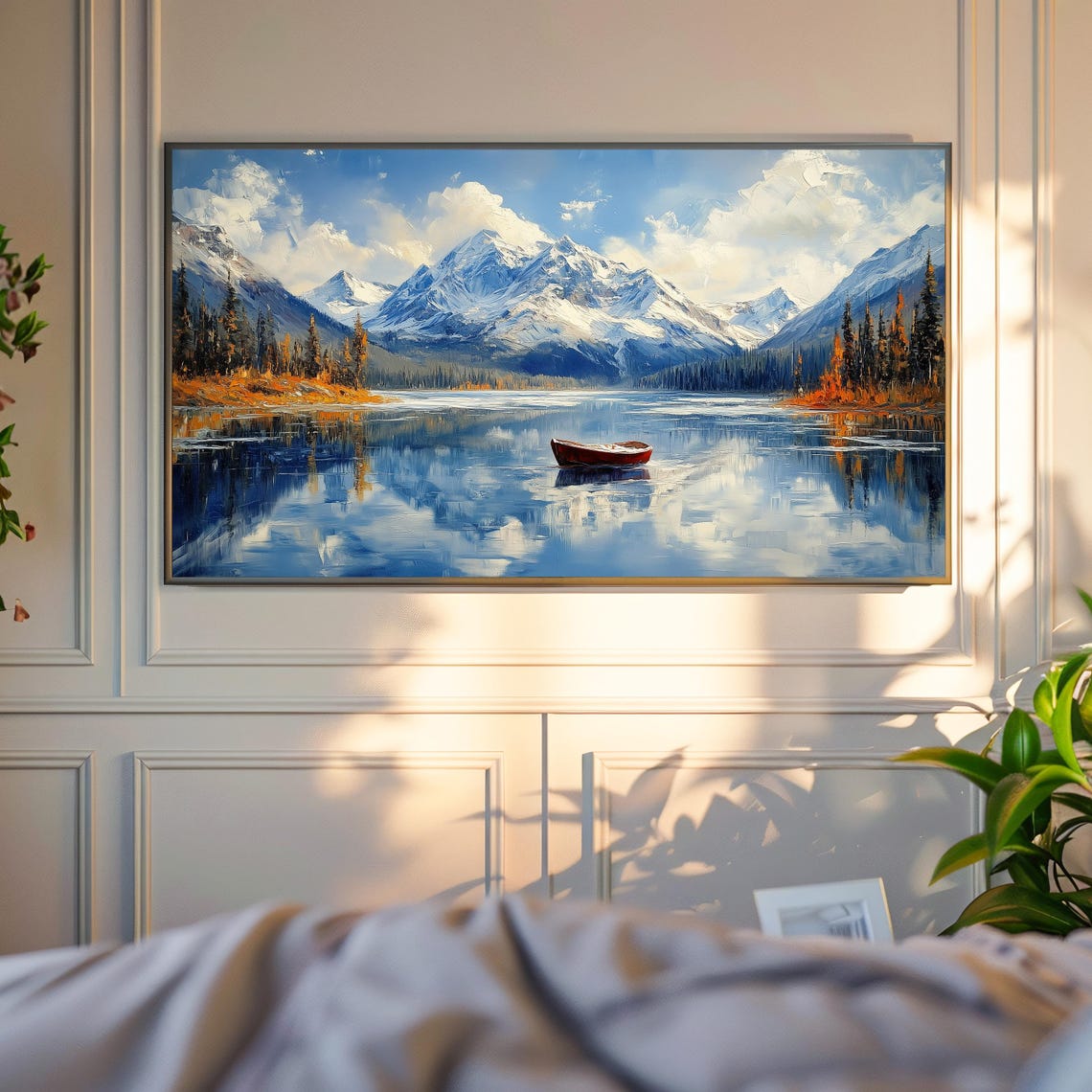 Red Canoe On Snowy Mountain Lake With Autumn Pines Winter Art Poster - Image 4